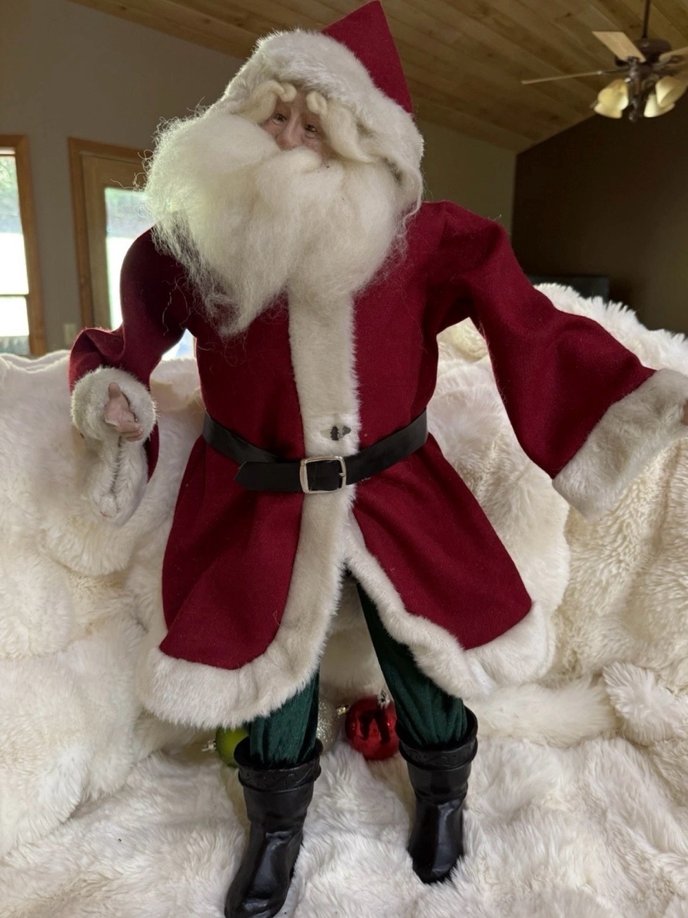 24 inch Vintage Santa Doll in Deep Red Coat, dark green pantswith White Fur Trim